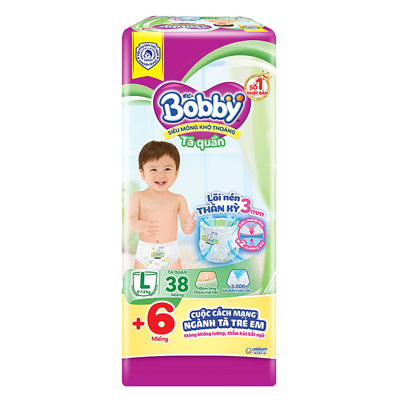 Bỉm - Tã quần Bobby Lõi Nén Thần Kỳ Size L - 38 miếng tặng 6 miếng (9 - 13kg)