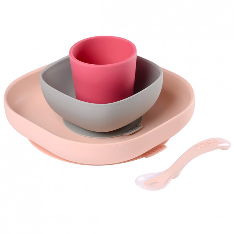 Bộ Ăn Dặm Silicone Đế Hít Không Đổ Béaba Pink Cloud