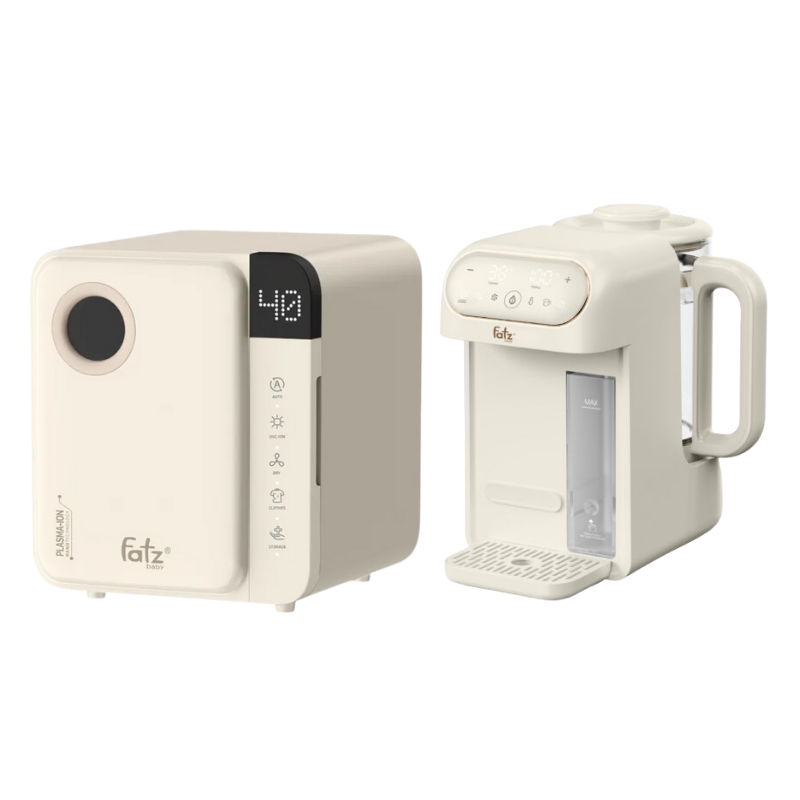 Combo Máy Tiệt Trùng Sấy Khô Fatzbaby UVC-LED Công Nghệ Nano Plasma Ion PLASMAX 1 + Máy Đun Và Hâm Nước Pha Sữa Thông Minh Tiện Lợi Fatzbaby Smart 12 Plus