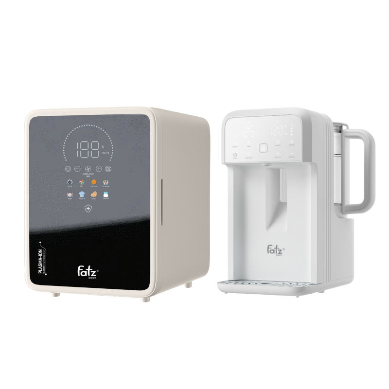 Combo Máy Tiệt Trùng Sấy Khô Khử Mùi UVC-LED Công Nghệ Nano Plasma Ion Fatzbaby PLASMAX 9 + Máy Đun Và Hâm Nước Pha Sữa Thông Minh Tiện Lợi Fatzbaby Smart 10 Plus