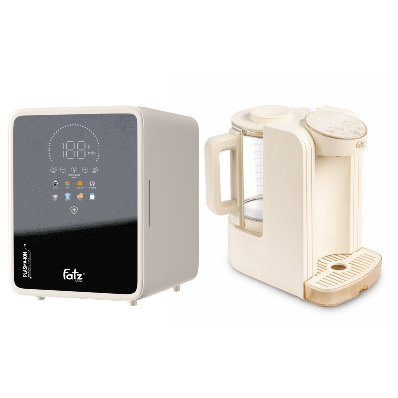 Combo Máy Tiệt Trùng Sấy Khô Khử Mùi UVC-LED Công Nghệ Nano Plasma Ion Fatzbaby PLASMAX 9 +  Máy Đun Và Hâm Nước Pha Sữa Thông Minh Tiện Lợi Fatzbaby Smart 8 Plus