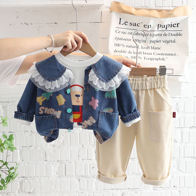 SG518 - Set Quần Áo Và Áo Khoác Jean Cổ Bèo Ren Điệu Đà Cho Bé Gái
