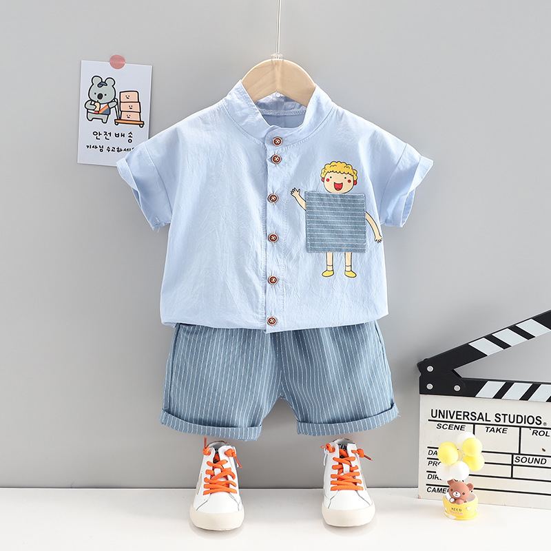 ST566 - Set Quần Và Áo Sơ Mi Cổ Trụ Cho Bé Trai - Màu Xanh
