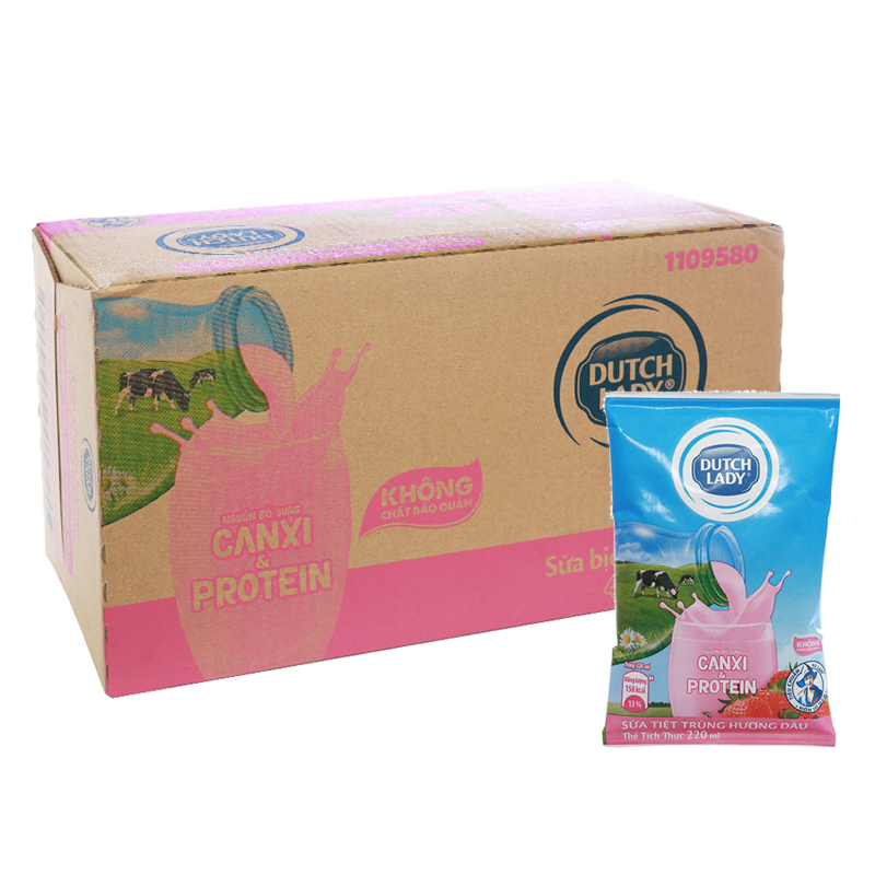 Sữa tươi tiệt trùng Dutch Lady hương dâu 220ml - Thùng 48 bịch
