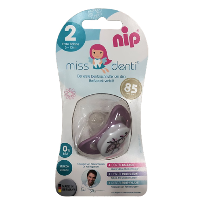 Ty ngậm chuyên dùng chỉnh nha NIP Miss Denti bằng silicon cỡ 2 (cho bé mọc răng cửa đầu tiên) - Màu tím