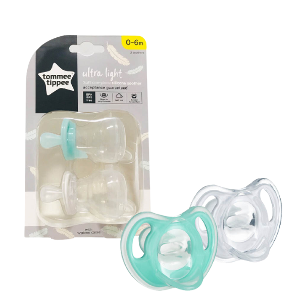 Ty ngậm silicon siêu nhẹ cho bé Tommee Tippee Ultra Light 0-6 tháng (vỉ đôi) – Xanh ngọc/Trắng