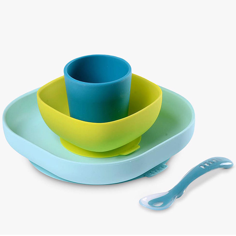 Bộ Ăn Dặm Silicone Đế Hít Không Đổ Béaba Neon Blue