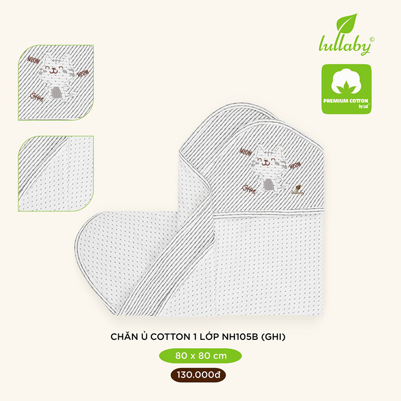 Chăn ủ cotton 1 lớp Lullaby 80x80 cm NH105B - Xám