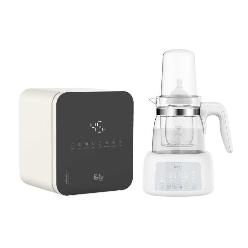 .Combo Máy Tiệt Trùng Sấy Khô Khử Mùi UVC-LED Công Nghệ Nano Plasma Ion Fatzbaby PLASMAX 4 + Máy Đun Và Hâm Nước Pha Sữa Fatzbaby Quick 12 Plus+