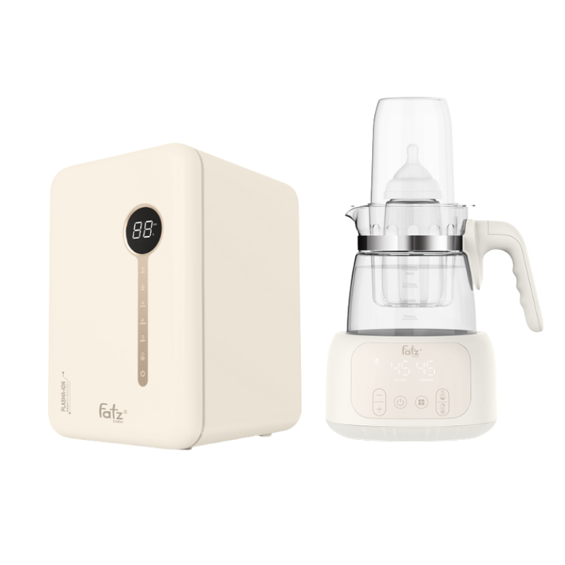 Combo Máy Tiệt Trùng Sấy Khô Khử Mùi UVC-LED Công Nghệ Nano Plasma Ion Fatzbaby PLASMAX 5 + Máy Đun Và Hâm Nước Pha Sữa Điều Khiển Từ Xa Thông Minh Fatzbaby Quick 16 Plus