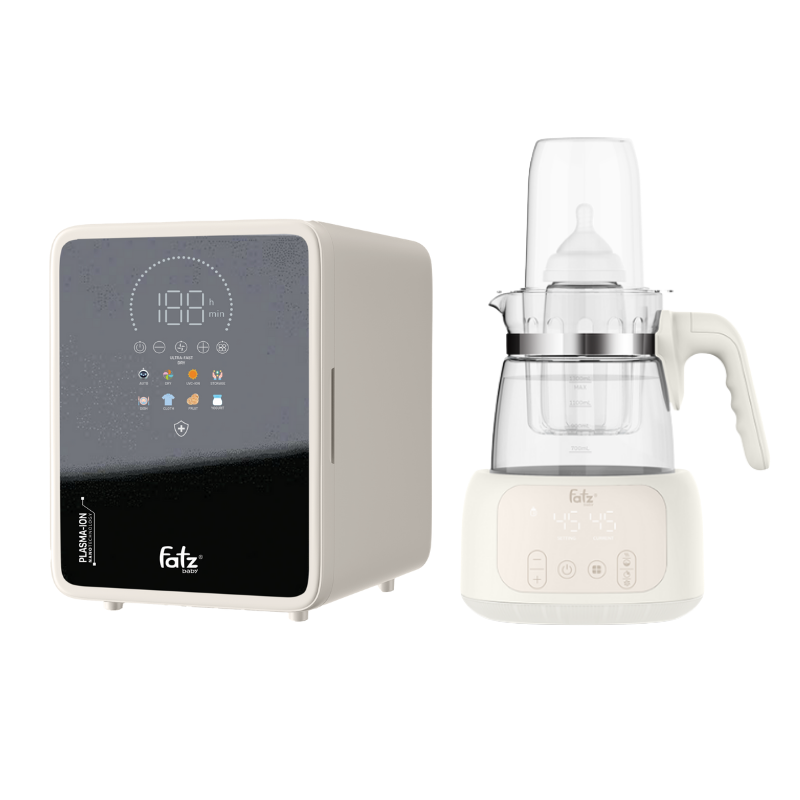 Combo Máy Tiệt Trùng Sấy Khô Khử Mùi UVC-LED Công Nghệ Nano Plasma Ion Fatzbaby PLASMAX 9 + Máy Đun Và Hâm Nước Pha Sữa Điều Khiển Từ Xa Thông Minh Fatzbaby Quick 16 Plus