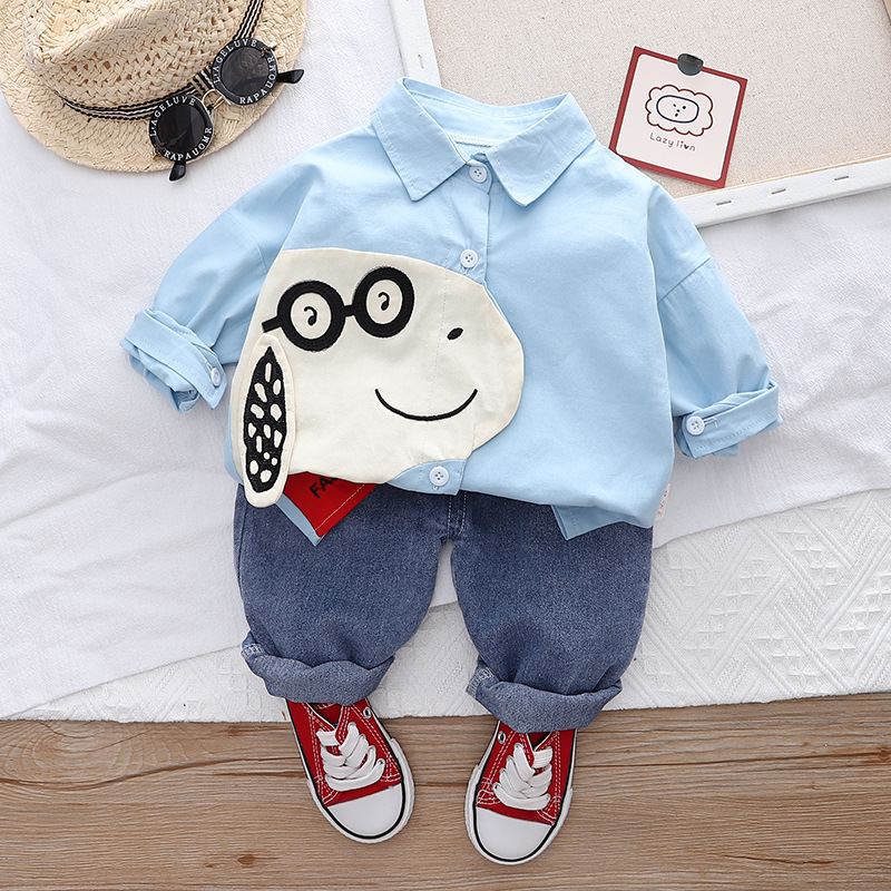 ST502 - Set Áo Sơ Mi Và Quần Jean Bé Trai Hoạ Tiết Cún - Màu Xanh Dương