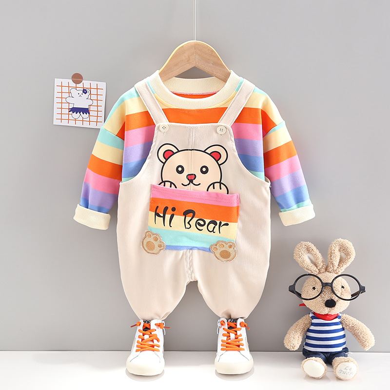 ST567 - Set Yếm Tay Dài Họa Tiết Gấu Con Đáng Yêu - Màu Kem