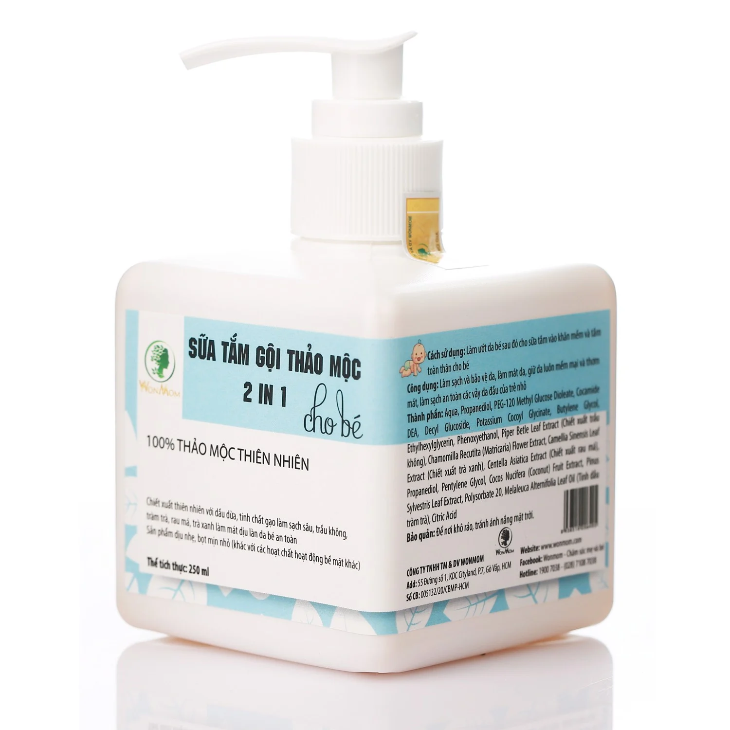 Sữa tắm gội thảo mộc cho bé 2 in 1 Wonmom 250ml