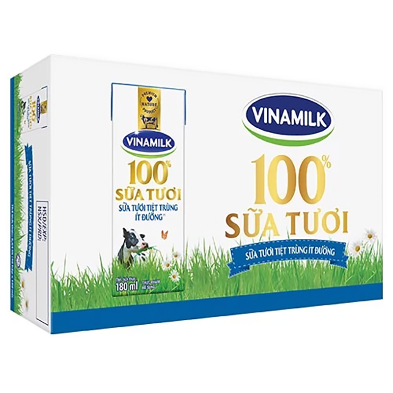 Sữa tươi tiệt trùng Vinamilk 100% ít đường 180ml - Thùng 48 hộp
