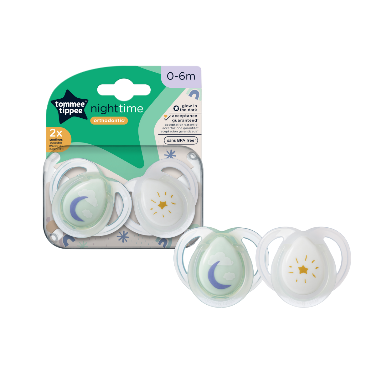 Ty Ngậm Dạ Quang Cho Bé Tommee Tippee Night Time 0-6 Tháng (Vỉ Đôi) – Trăng Xanh
