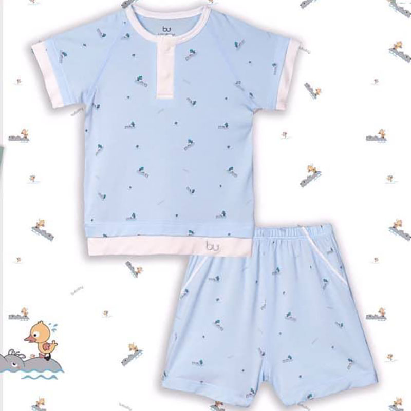 BB032.Blue- Bộ áo cổ trụ  cộc tay  quần đùi - Bu