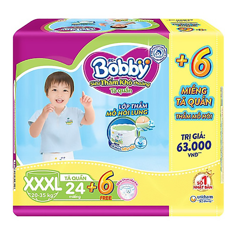 Bỉm - Tã quần Bobby Fresh Pants Size XXXL - 24 miếng tặng 6 miếng (20 - 35kg)
