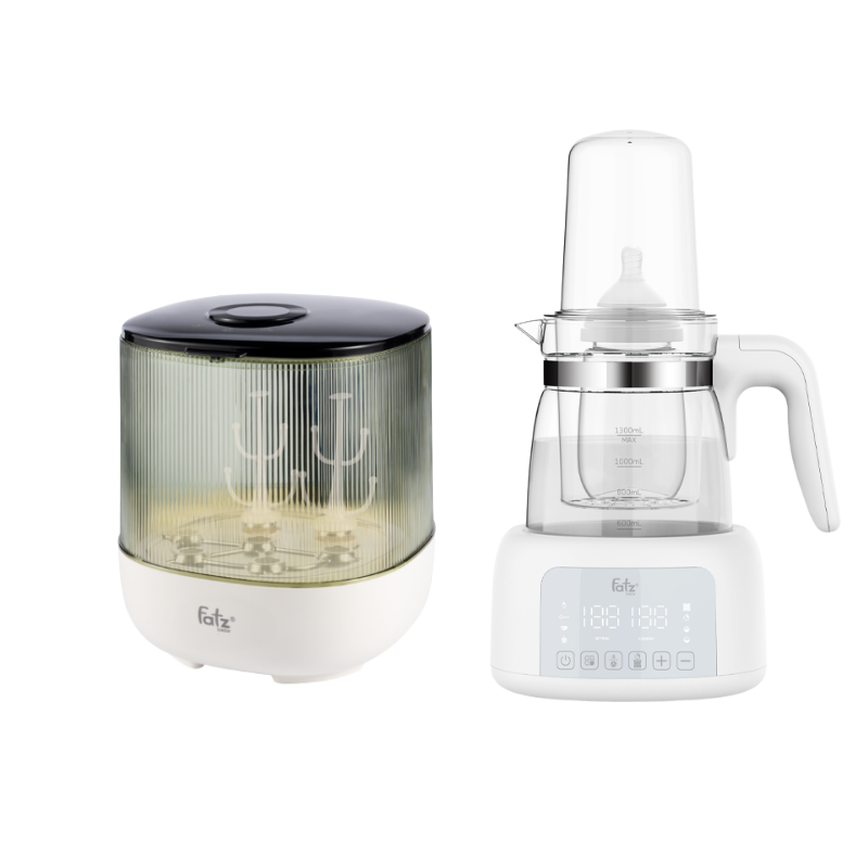 Combo Máy Úp Bình Sữa, Bát Đĩa, Tiệt Trùng UVC, Sấy Khô & Bảo Quản Fatzbaby Tidy 7 + Máy Đun Và Hâm Nước Pha Sữa Fatzbaby Quick 12 Plus+