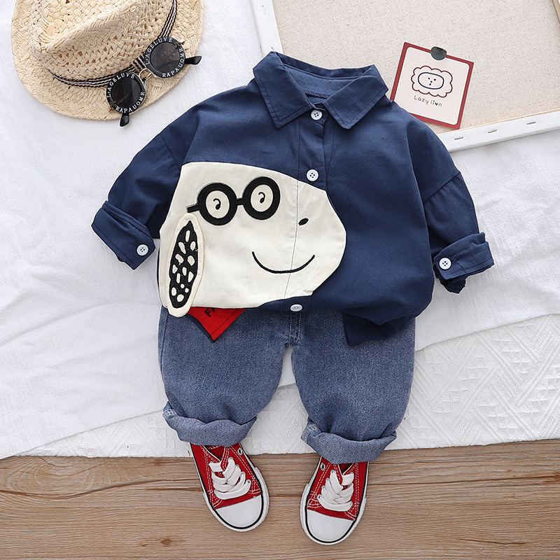 ST504 - Set Áo Sơ Mi Và Quần Jean Bé Trai Hoạ Tiết Cún - Màu Xanh Đậm