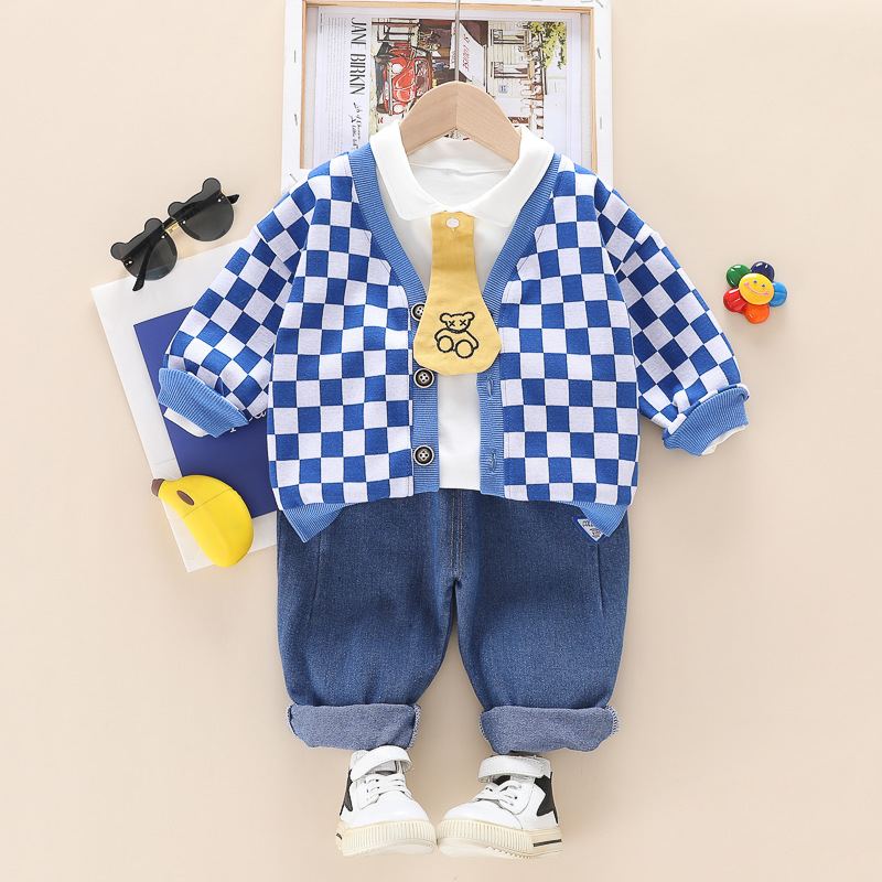 ST510 - Set Quần Jean, Áo Và Áo Khoác Caro Bé Trai Phong Cách - Màu Xanh Dương
