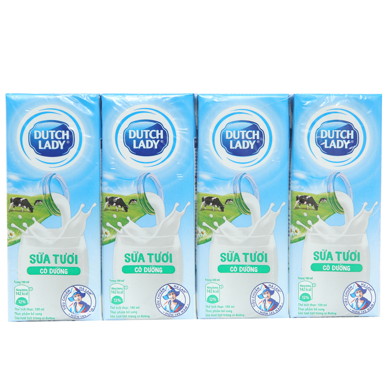 Sữa tươi tiệt trùng Dutch Lady có đường - Lốc 4 hộp 180ml