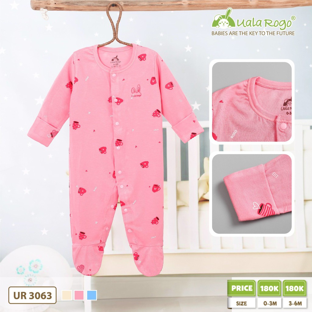 UR3063.2 - Body dài tay cúc giữa cho bé vải petit - Màu hồng