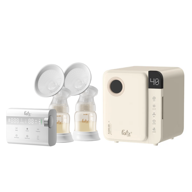 Combo Máy Hút Sữa Điện Đôi Rung Mát Xa Fatzbaby Resonance 14 Plus + Máy Tiệt Trùng Sấy Khô Fatzbaby UVC-LED Công Nghệ Nano Plasma Ion PLASMAX 1