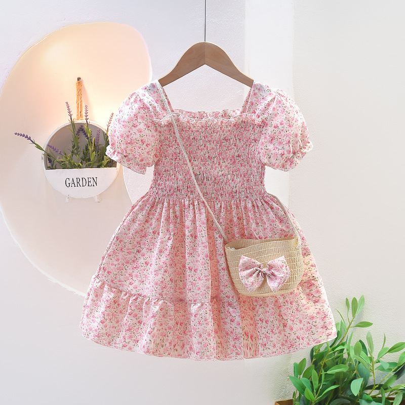DV503 - Đầm Hoa Nhí Tiểu Thư Cho Bé Kèm Túi - Màu hồng