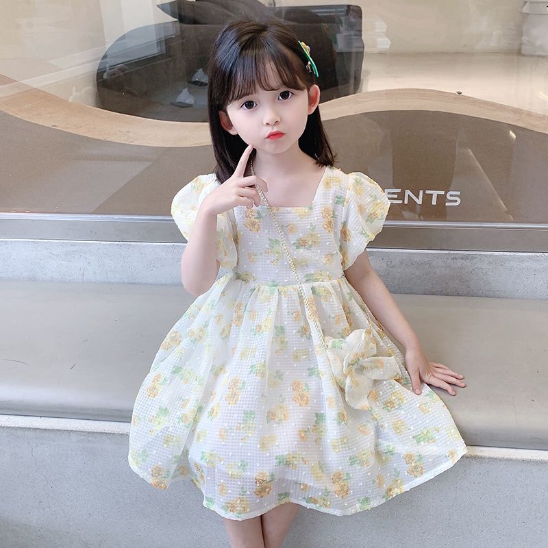 DV507 - Đầm Hoa Tiểu Thư Cho Bé Kèm Túi - Màu Hoa Vàng