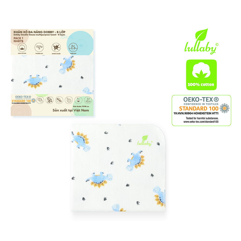 NH87B.2 - Khăn xô đa năng Dobby 6 lớp Lullaby màu trắng họa tiết khủng long