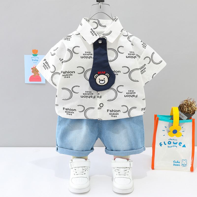 ST543 - Set Quần Áo Sơ Mi Cộc Tay Cho Bé Kèm Nơ Cà Vạt - Màu Trắng