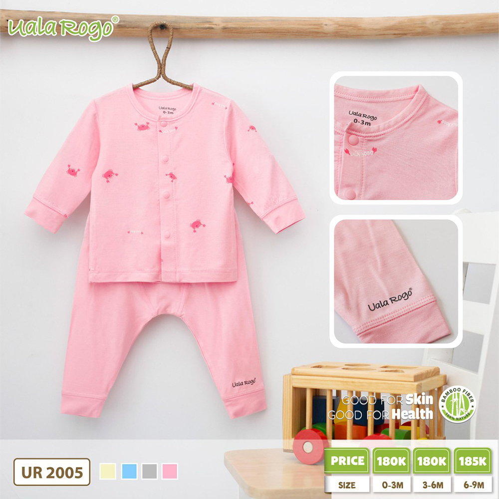 UR2005.1 - Bộ sơ sinh dài tay cúc giữa vải sợi tre Uala Rogo - Hồng