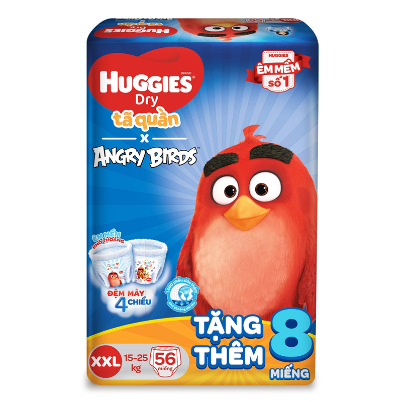 Bỉm - Tã quần Huggies size XXL 56 tặng thêm 8 miếng (Cho bé 15-25kg) Gói Cực Đại Angry Birds Phiên Bản Giới Hạn