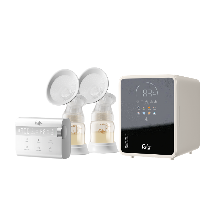 Combo Máy Hút Sữa Điện Đôi Rung Mát Xa Fatzbaby Resonance 14 Plus + Máy Tiệt Trùng Sấy Khô Khử Mùi UVC-LED Công Nghệ Nano Plasma Ion Fatzbaby PLASMAX 9