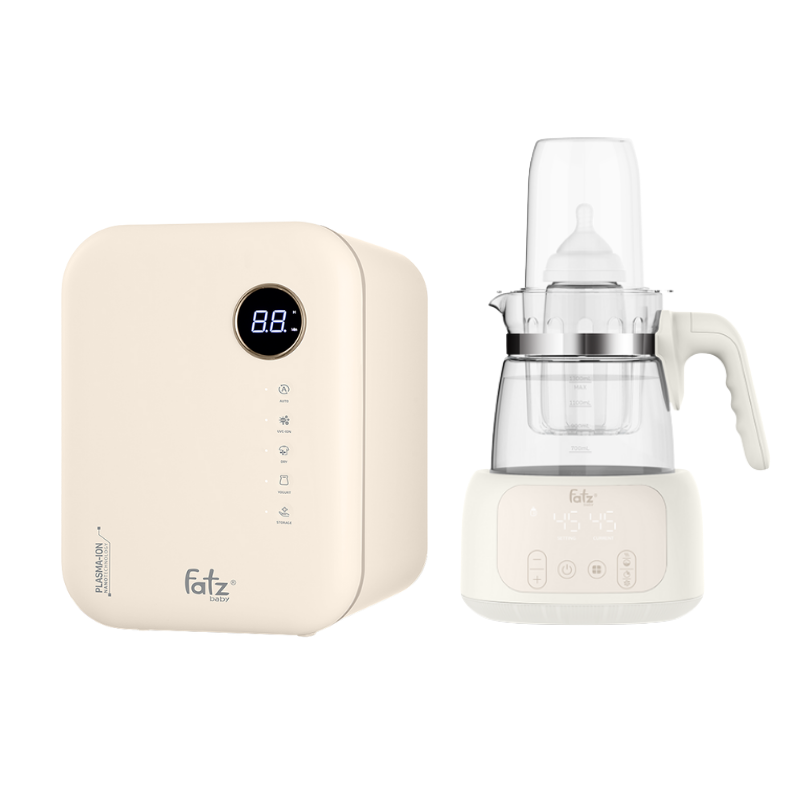 Combo Máy Tiệt Trùng Sấy Khô Khử Mùi UVC-LED Công Nghệ Nano Plasma Ion Fatzbaby PLASMAX 8 + Máy Đun Và Hâm Nước Pha Sữa Điều Khiển Từ Xa Thông Minh Fatzbaby Quick 16 Plus