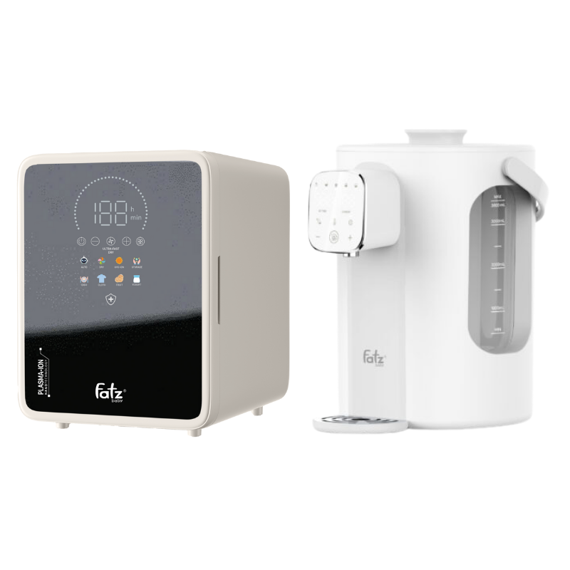 Combo Máy Tiệt Trùng Sấy Khô Khử Mùi UVC-LED Công Nghệ Nano Plasma Ion Fatzbaby PLASMAX 9 + Máy Đun Và Hâm Nước Pha Sữa Thông Minh Tiện Lợi Fatzbaby Smart 11 Plus
