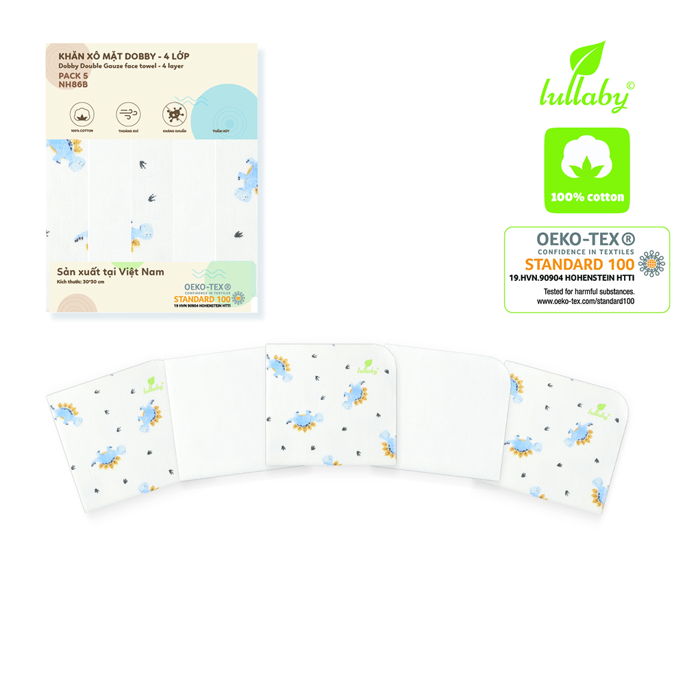 NH86B.4 - Khăn xô mặt Dobby 4 lớp Lullaby màu trắng họa tiết khủng long