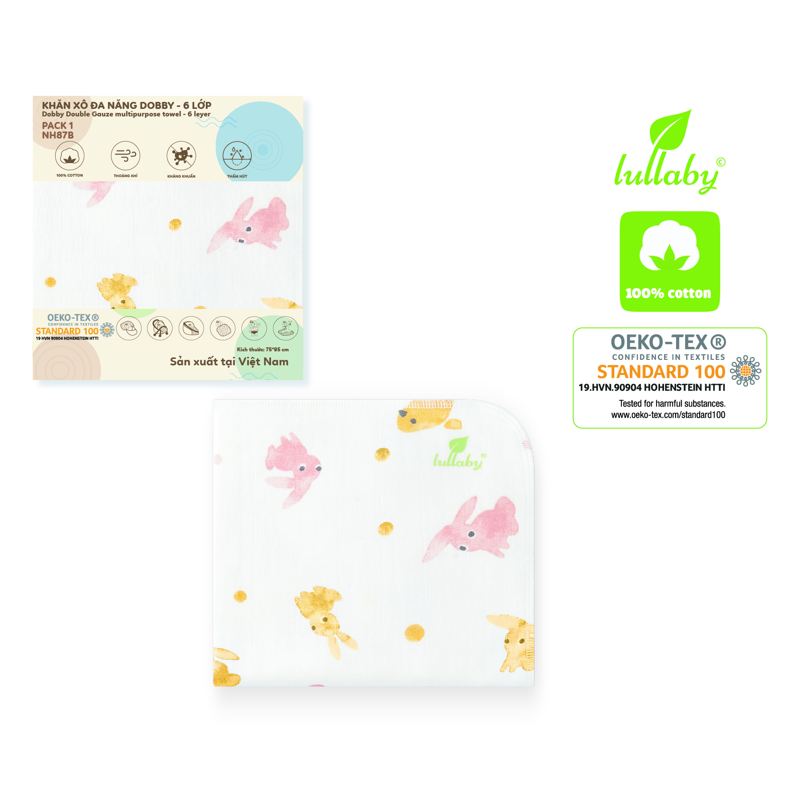 NH87B.3 - Khăn xô đa năng Dobby 6 lớp Lullaby màu trắng họa tiết thỏ