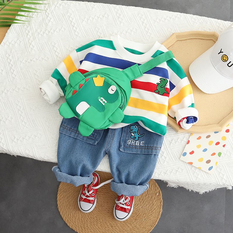 ST501 - Set Quần Jean Và Áo Dài Tay Cho Bé Trai Sọc Màu Kèm Túi