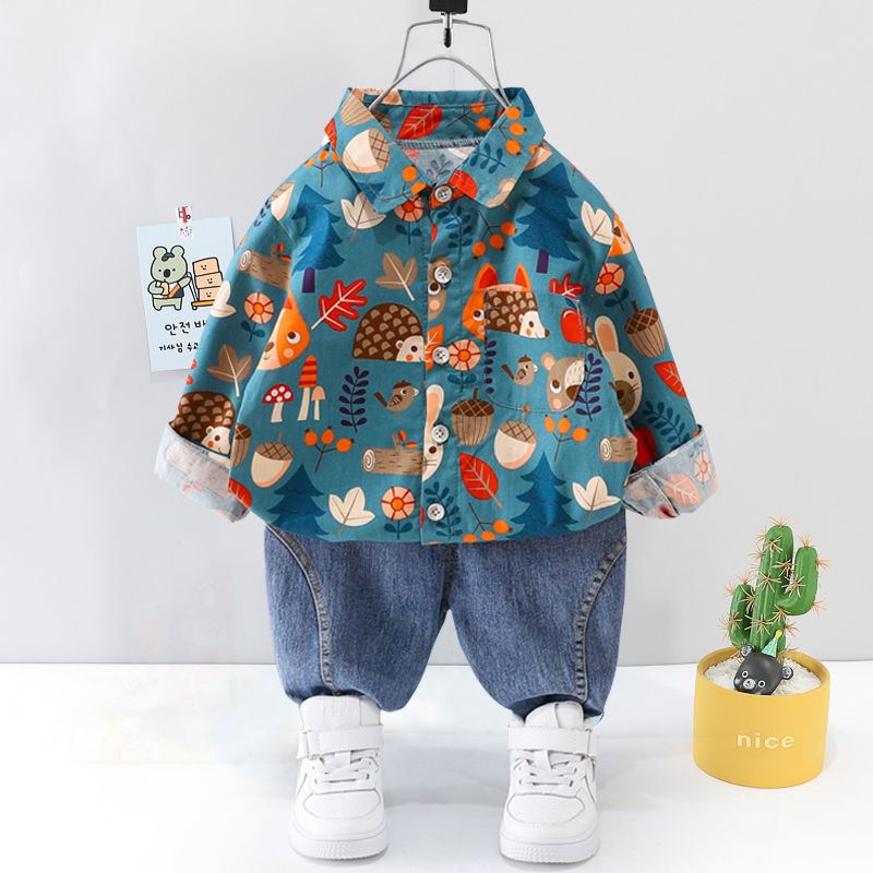 ST528 - Set Quần Jean Và Áo Sơ Mi Dài Tay Cho Bé Hoạ Tiết - Màu Xanh