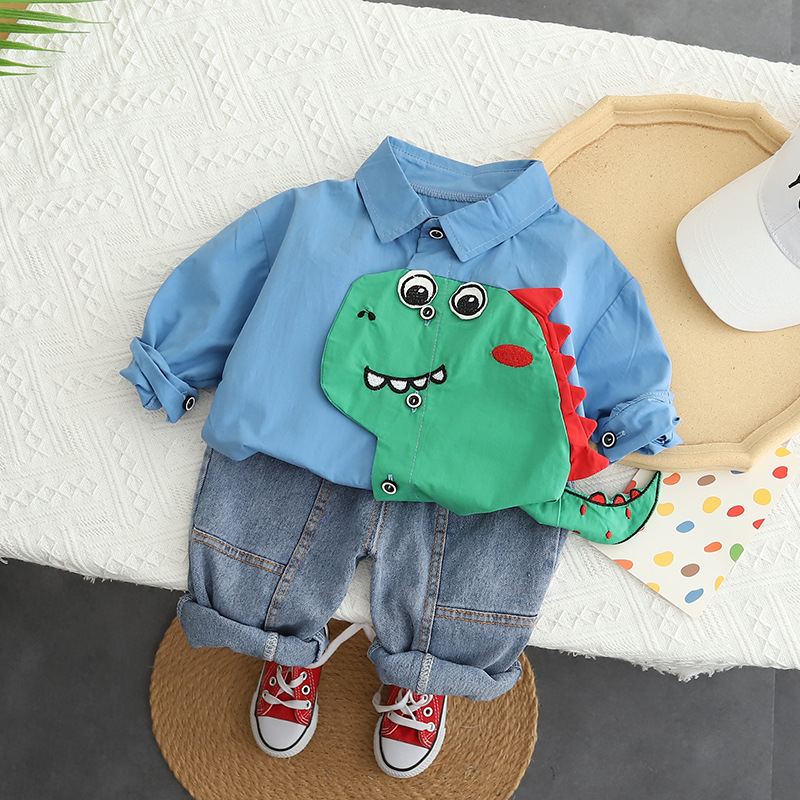 ST554 - Set Quần Jean, Áo Sơ Mi Dài Tay Khủng Long - Màu Xanh