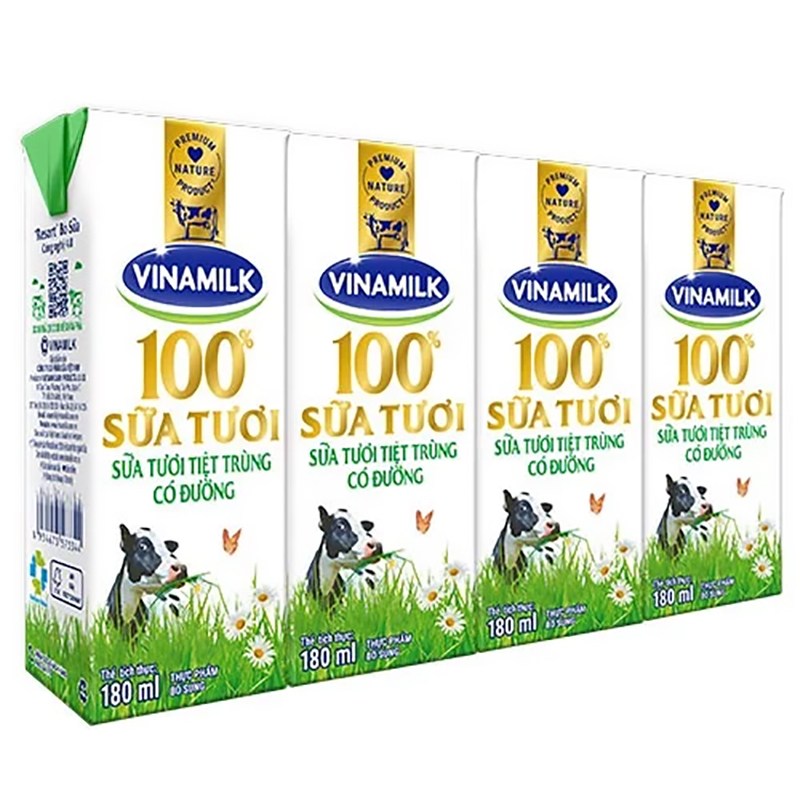 Sữa tươi tiệt trùng Vinamilk 100% có đường - Lốc 4 hộp 180ml