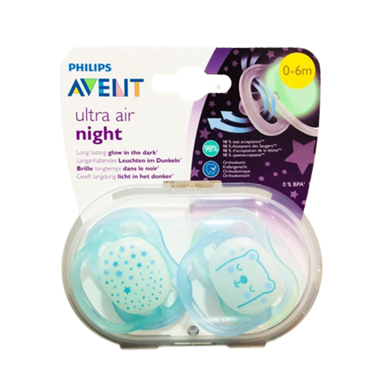 Ty ngậm ban đêm Philips Avent vỉ đôi 0-6M (Màu xanh)