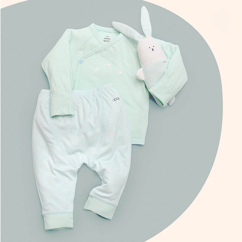 W627S1GLNB175 - Bộ quần áo Nous CLNB kẻ xanh hình cừu vải Nu Petit (NewBorn)