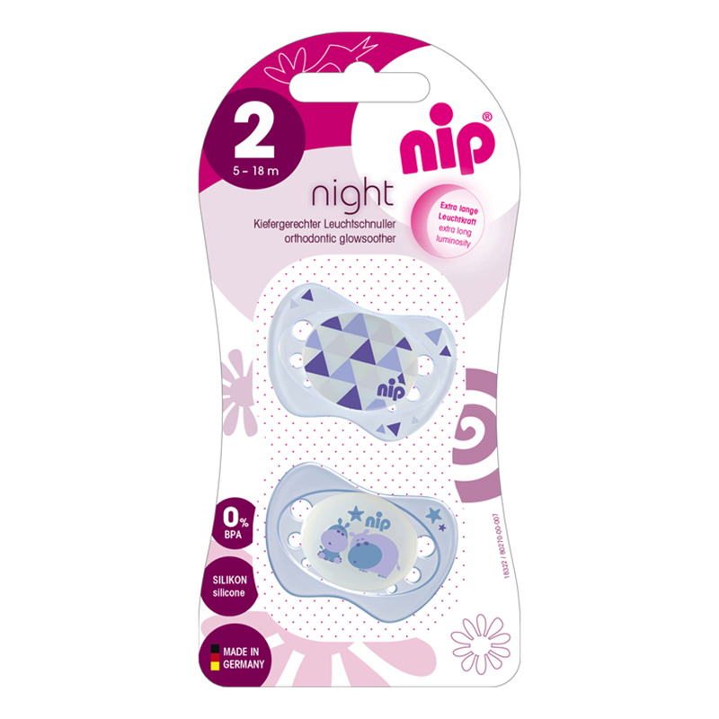 Bộ 2 ty ngậm phát sáng ban đêm Nip Night Số 2, Bằng Silicon - Màu xanh hồng, xanh dương