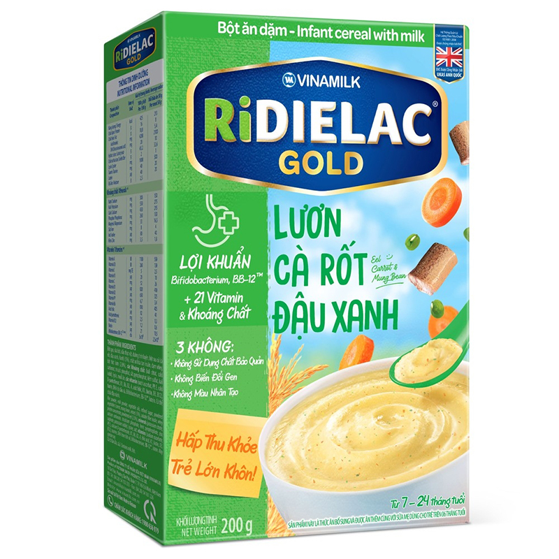 Bột ăn dặm Ridielac Gold lươn cà rốt đậu xanh - Hộp giấy 200g