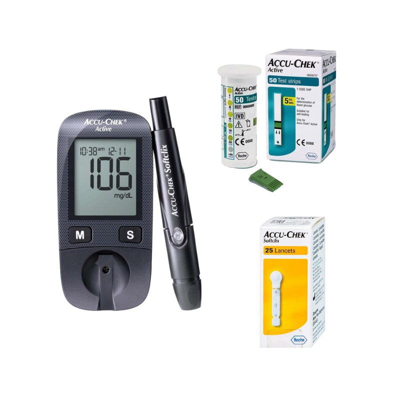 Combo Máy Đo Đường Huyết Accu-Chek Active + Que Thử Đường Huyết Accu-Chek Active (50 Que) + Kim Lấy Máu Accu-Chek Softclix (25 Cái)