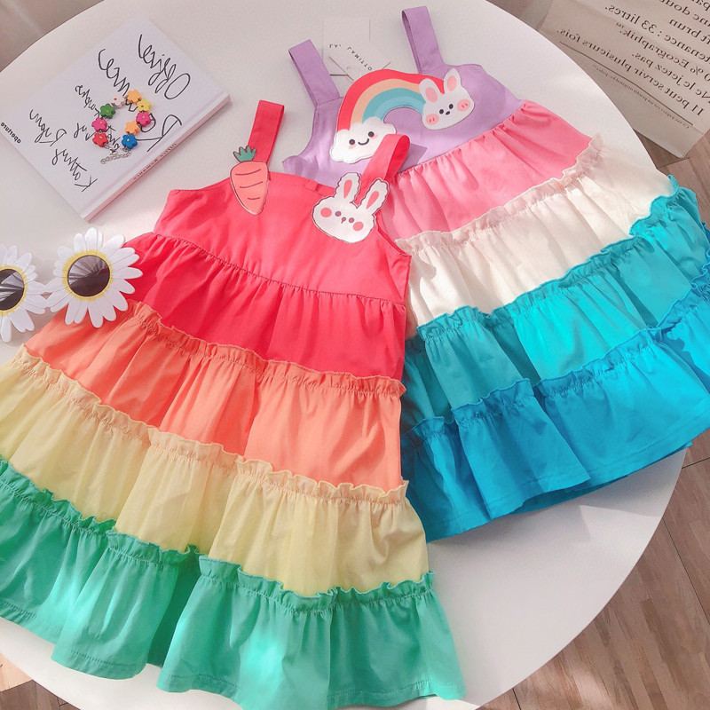 DV511 - Đầm Hai Dây Cho Bé Cầu Vồng - Màu Thỏ Đám Mây