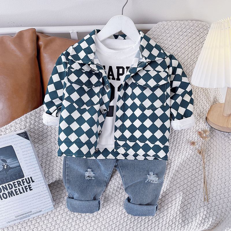ST521 - Set Quần Jean, Áo và Áo Khoác Caro Phong Cách - Màu Xanh
